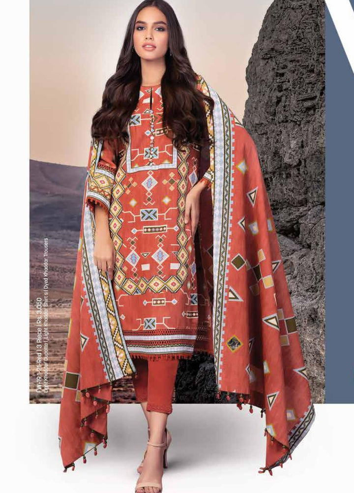 Al Karam Printed Khaddar Suits Unstitched 3 Piece AK21W FW-19.1-21 Red - Winter Collection