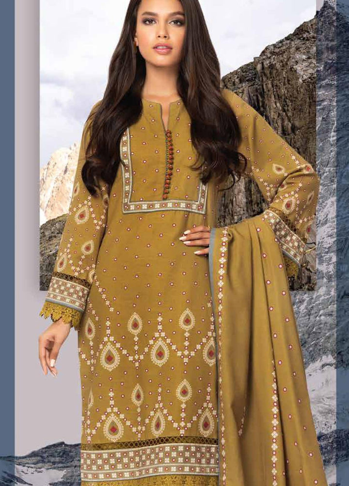 Al Karam Printed Khaddar Suits Unstitched 3 Piece AK21W FW-3.1-21 Mustard - Winter Collection