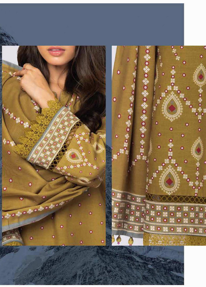 Al Karam Printed Khaddar Suits Unstitched 3 Piece AK21W FW-3.1-21 Mustard - Winter Collection