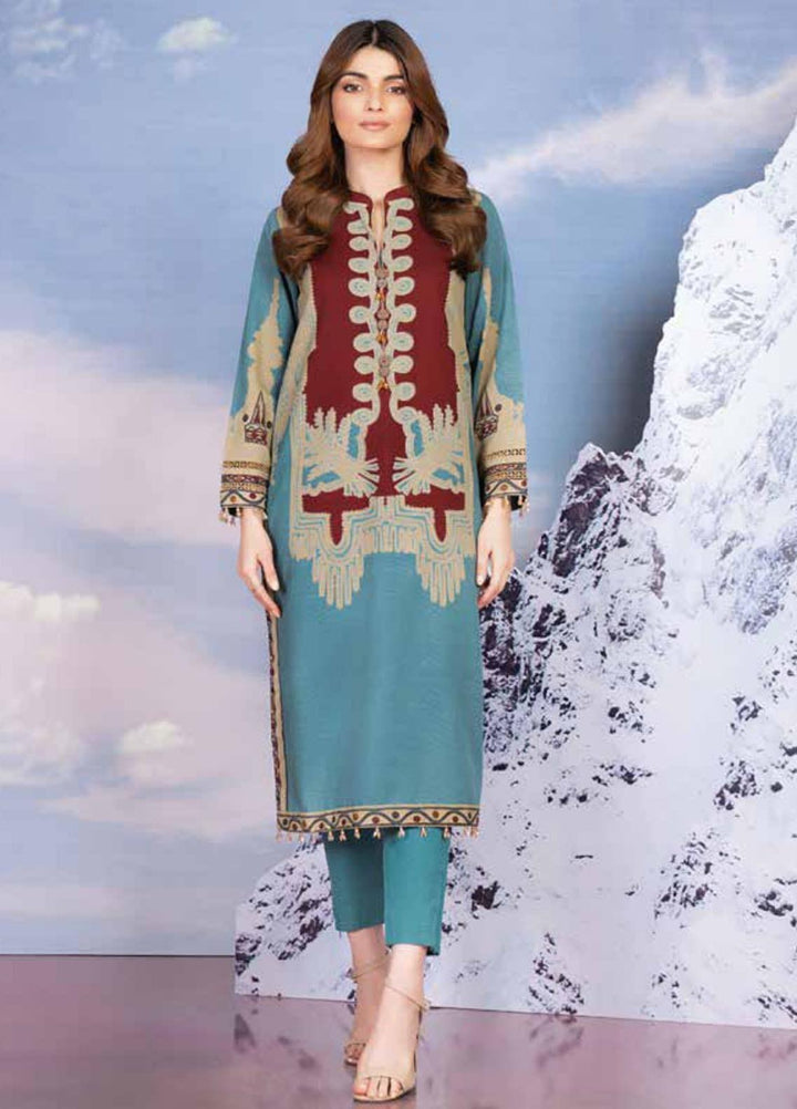 Al Karam Printed Khaddar Suits Unstitched 2 Piece AK21W FW-32-21 Turquoise - Winter Collection