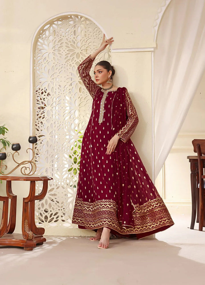 Al Siyaab Pret Embroidered Chiffon 3 Piece Suit Bahaar Mehroon