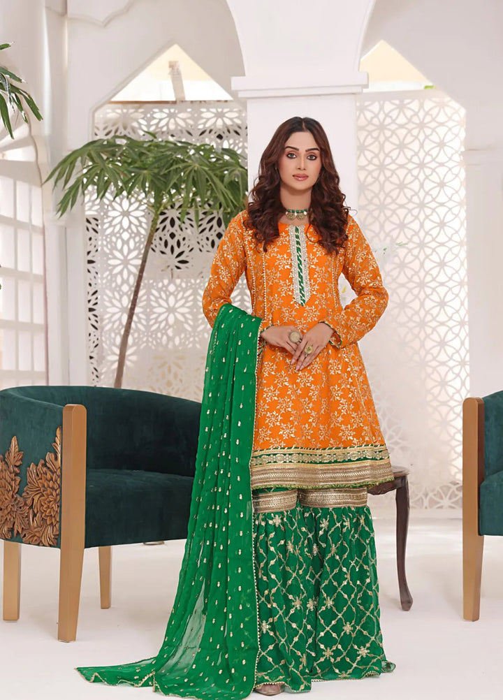 Al Siyaab Pret Embroidered Chiffon 3 Piece Suit Zeena Orange