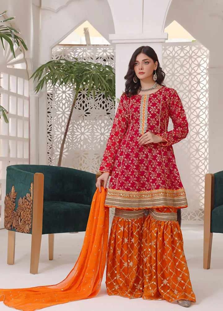 Al Siyaab Pret Embroidered Chiffon 3 Piece Suit Zeena Red