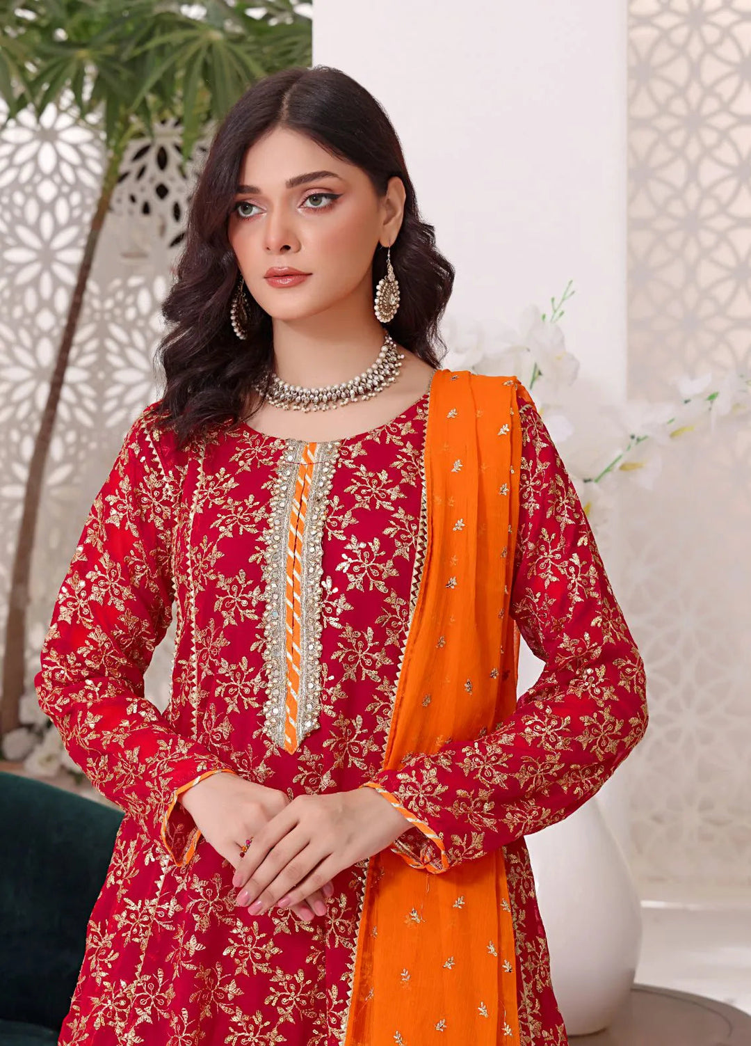 Al Siyaab Pret Embroidered Chiffon 3 Piece Suit Zeena Red
