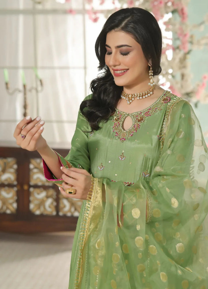Al Siyaab Pret Embroidered Cotton Silk 3 Piece Suit Heer Dhaani Green