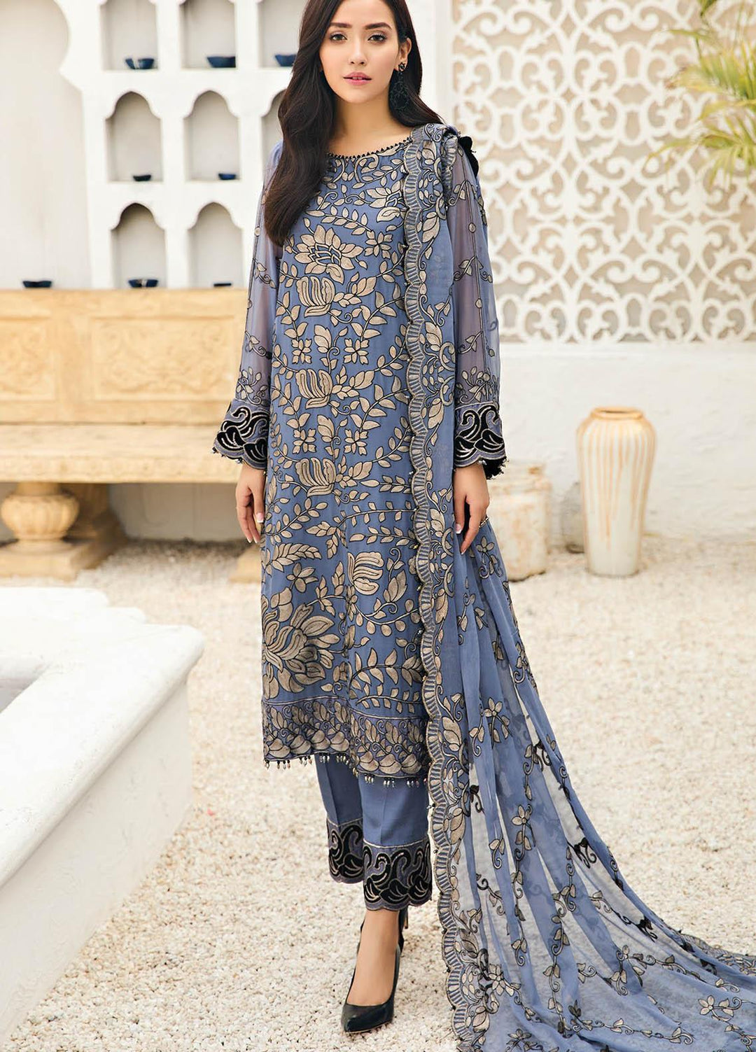 Alizeh Fashion by Bilal Embroidery Embroidered Chiffon Suits Unstitched 3 Piece AFB21-C4 07 Charcoal Mist - Luxury Collection
