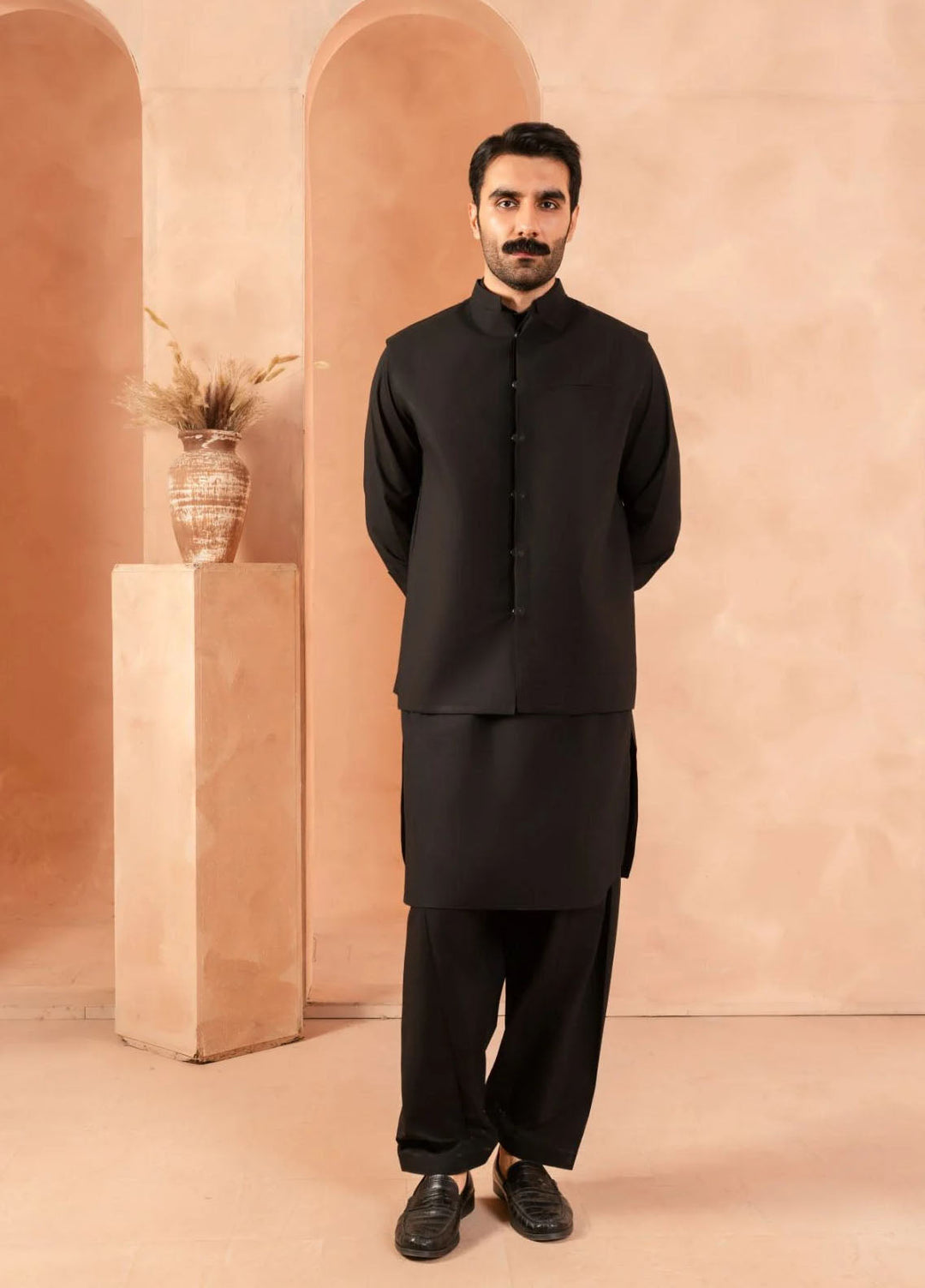 Andaaz by Sarkhail Plain Mens Kameez Trouser N Waistcoat - Raven