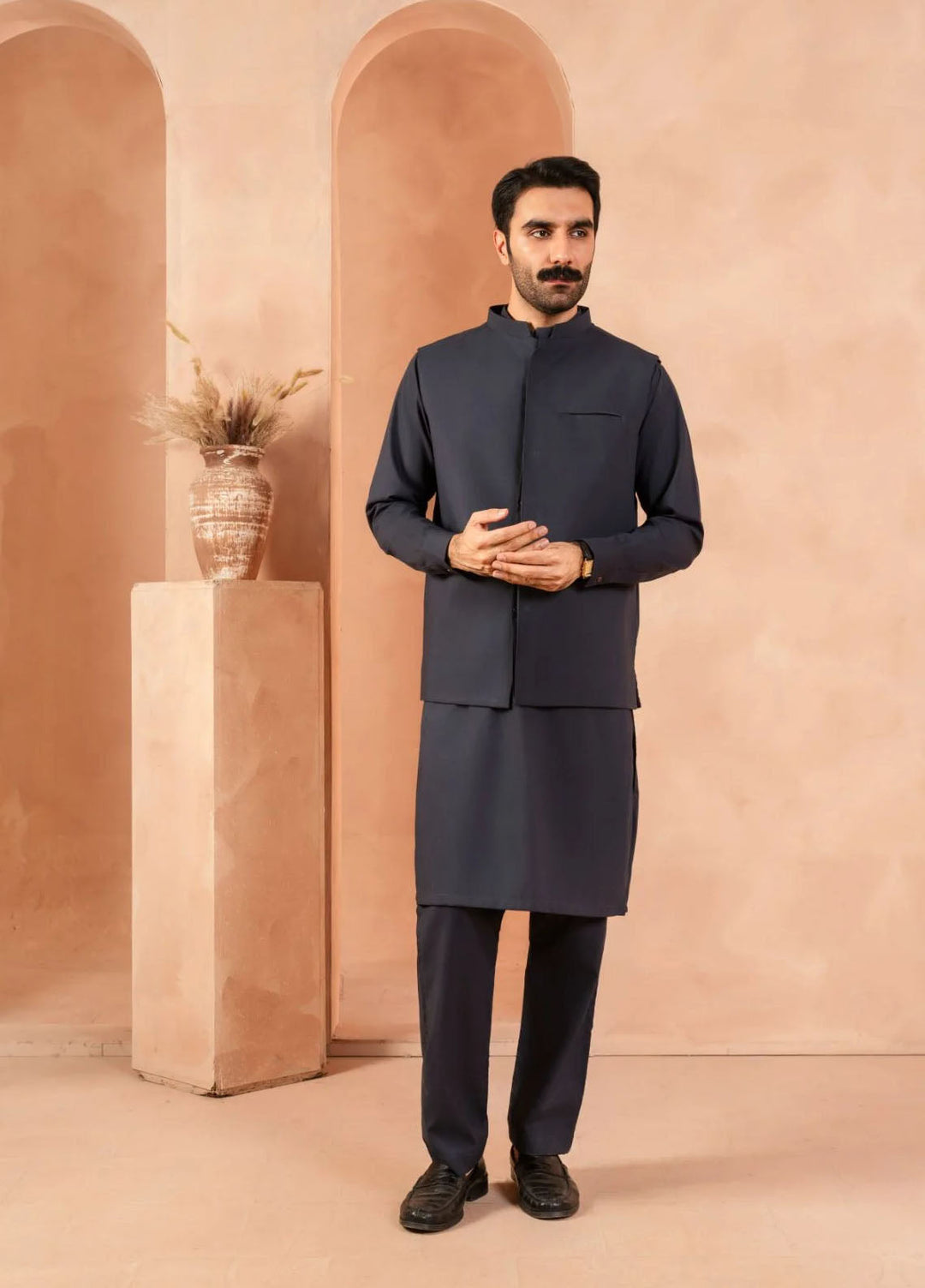 Andaaz by Sarkhail Plain Mens Kameez Trouser N Waistcoat - Twilight Blue