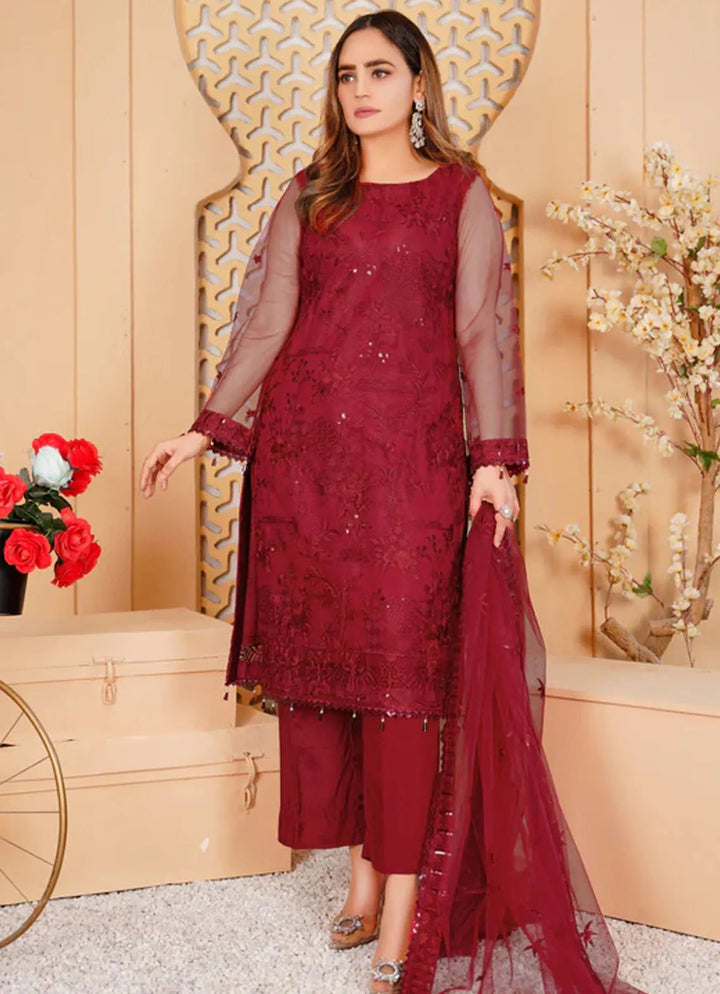 Arzoo By Layout Embroidered Net Suit Unstitched 4 Piece LO24A Red Stone - Festive Collection