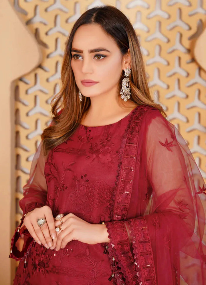 Arzoo By Layout Embroidered Net Suit Unstitched 4 Piece LO24A Red Stone - Festive Collection