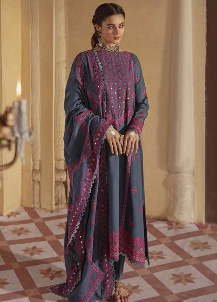 Azal by Cross Stitch Embroidered Cotton Satin Suits Unstitched 3 Piece CS21AS 06 FOLK BLUE - Winter Collection