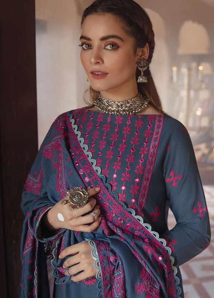 Azal by Cross Stitch Embroidered Cotton Satin Suits Unstitched 3 Piece CS21AS 06 FOLK BLUE - Winter Collection