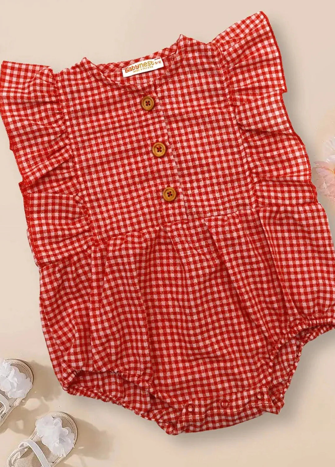 Baby Nest Casual Onesie Cherry Red Check Ruffle Onesie