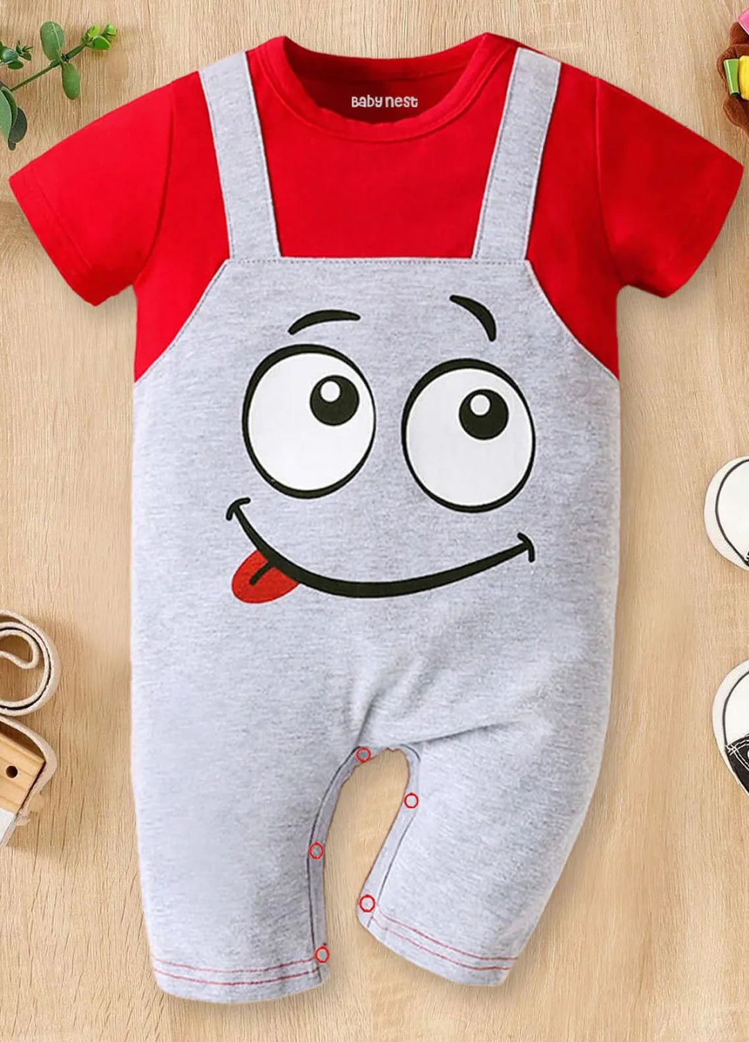 Baby Nest Dungaree Style Graphic Print Half Sleeve Romper Red-1296