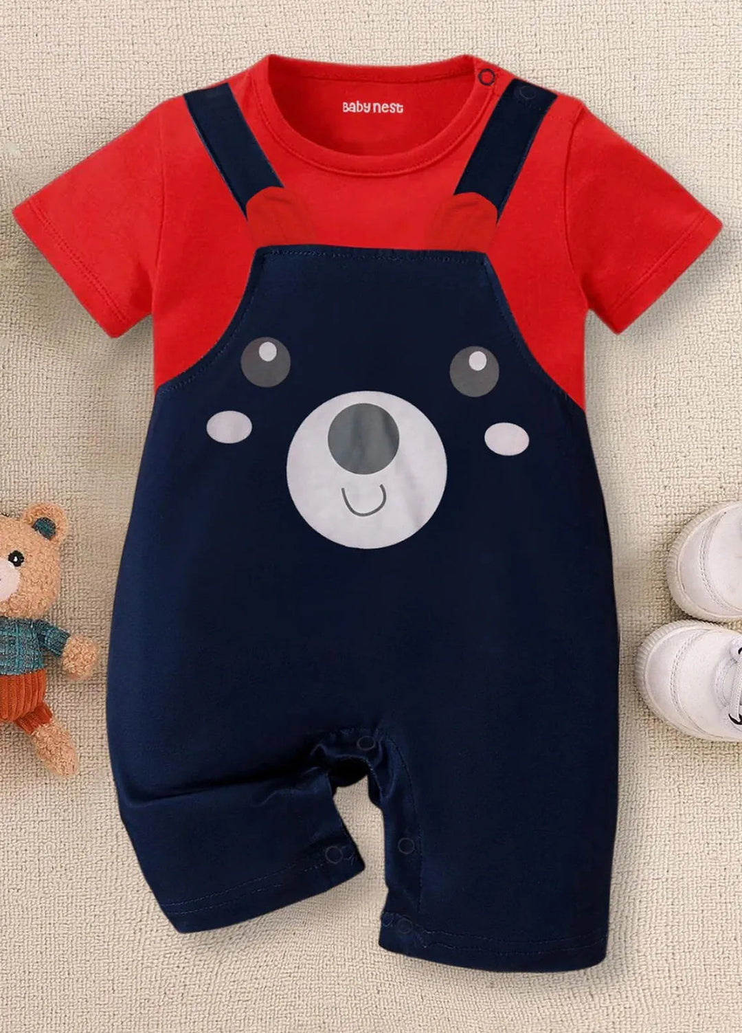 Baby Nest Dungaree Style Half Sleeve Romper Red N Navy Blue-1295