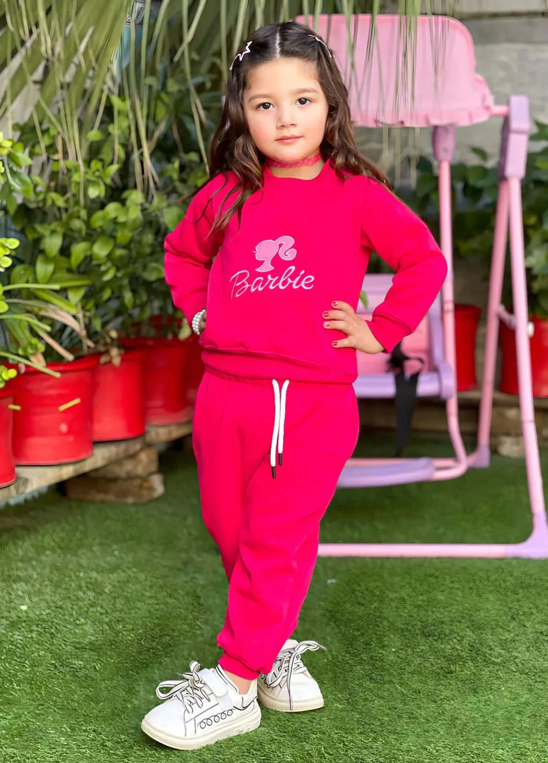 Baby Nest Embroidery Fleece Sweatshirt With Sweatpants Barbie Pink Kids Wear 2 Pc Set-1315