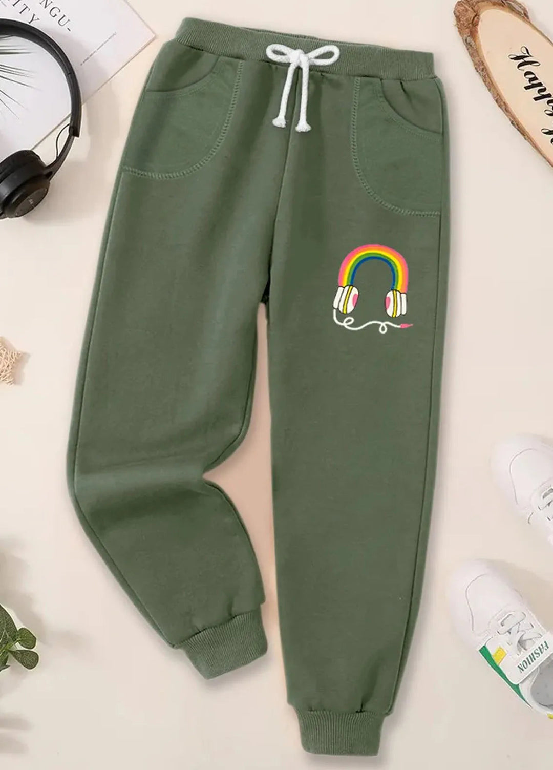 Baby Nest Fleece Jogger Pants For Kids Rainbow Headphones Army Green-BNDR-33