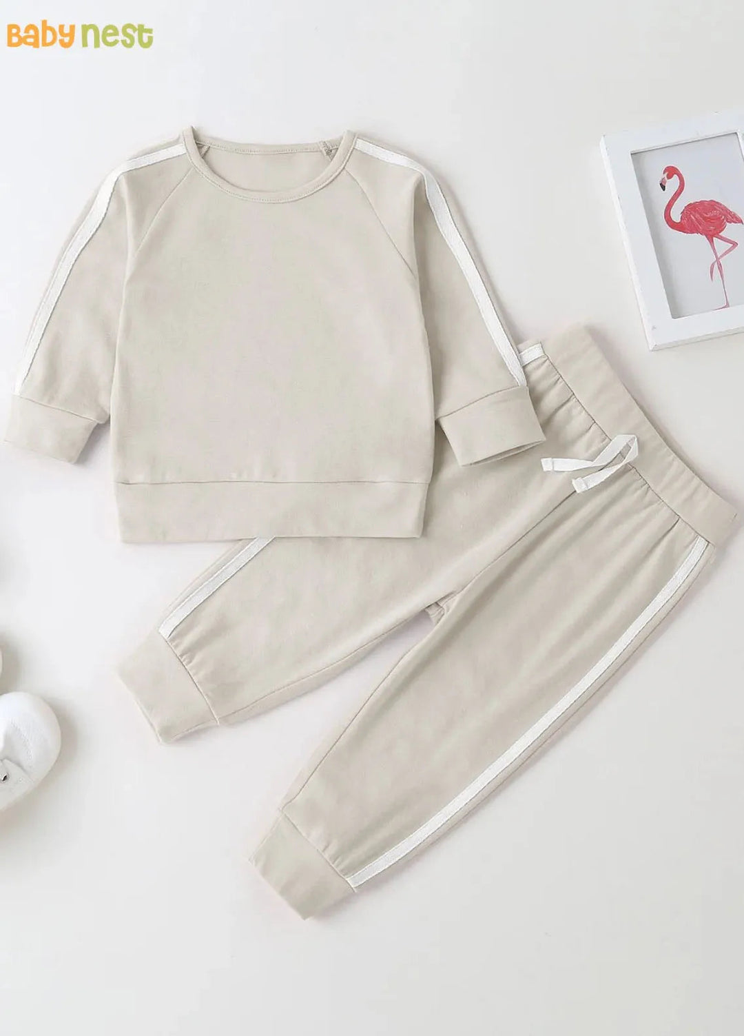 Baby Nest Fleece Sweatshirt With Sweatpants Beige Kids Wear 2 Pc Set-1313