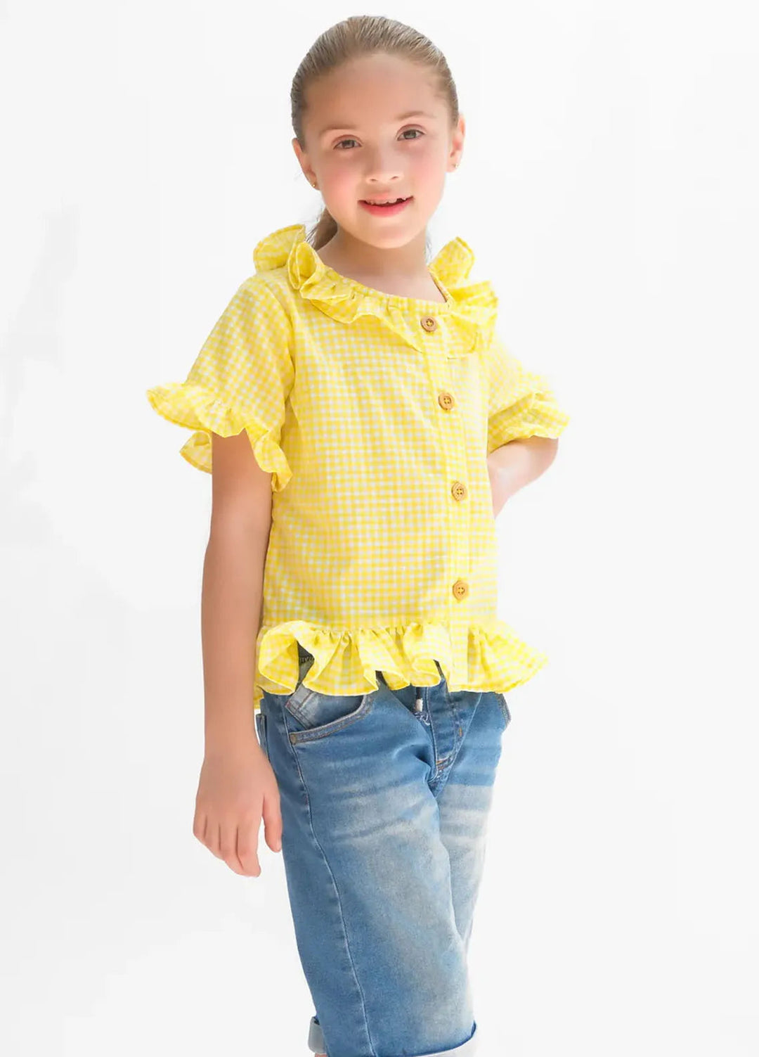 Baby Nest Girls Top Yellow Button Down Checkered