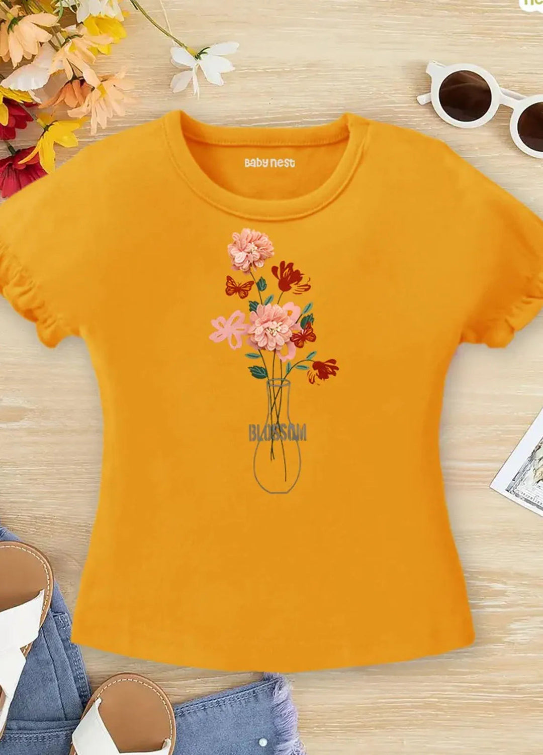 Baby Nest Pret 1 Piece T-Shirt With Embossed Flowers For Girls Half Sleeves Yellow