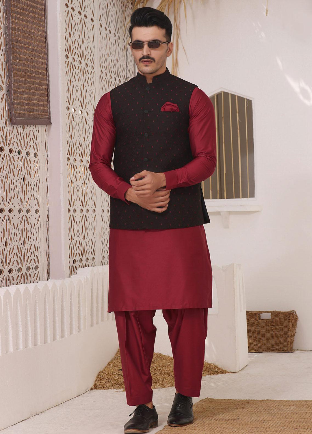 Bin Musab Jacquard Formal Waistcoats for Men - BM-000024 Merlot