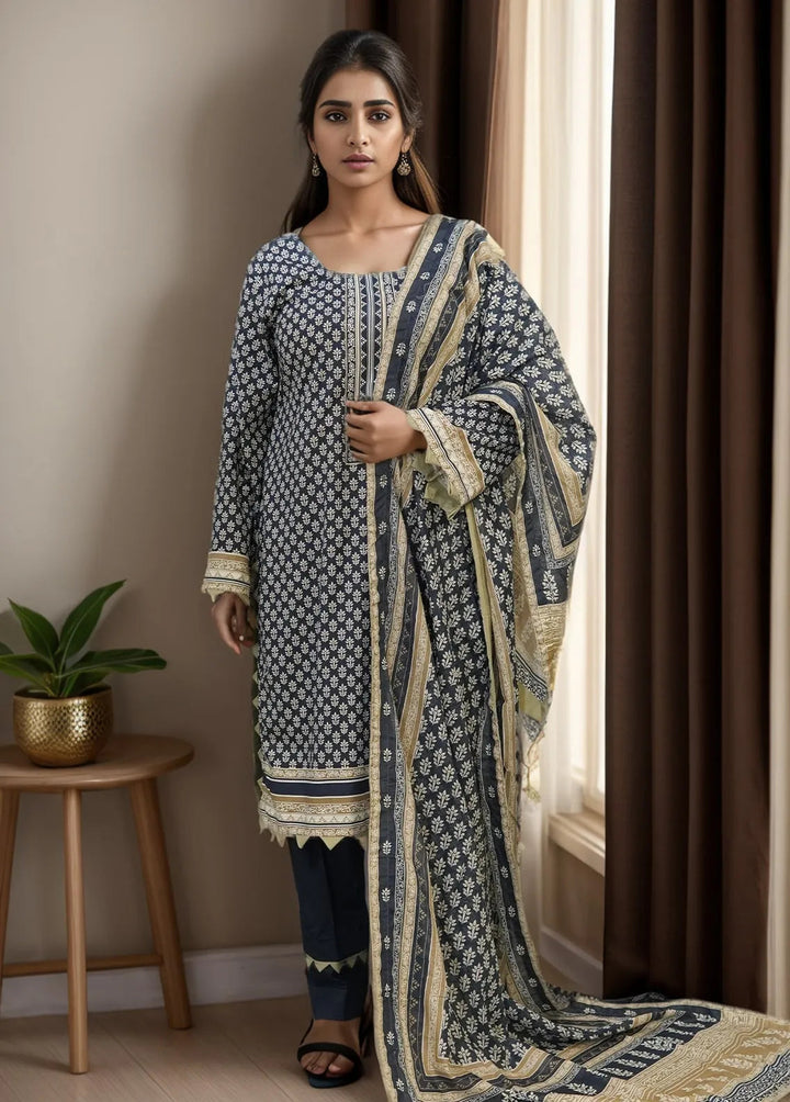 Bin Saeed Printed Lawn Suits Unstitched 3 Piece BN24F Navy Blue - Summer Collection
