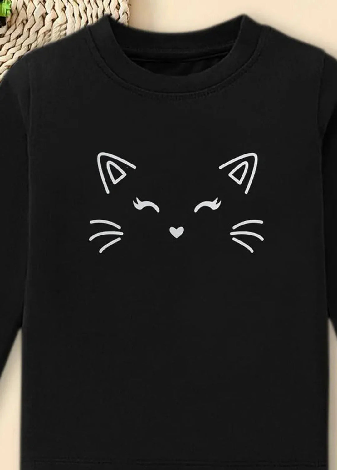 Baby Nest Black Cat Face Adorable Printed Full Sleeves T shirt for Kids - BNDR-68