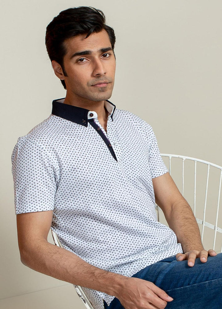 Brumano Cotton Polo Men T-Shirts -   White Printed Polo Shirt With Contrasting Collar