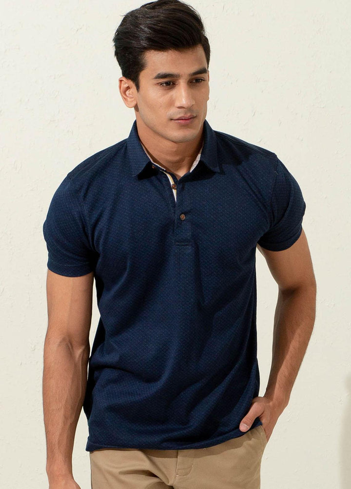 Brumano Cotton Polo T-Shirts for Men -   Navy Blue Geo Patterned Mercerized Polo