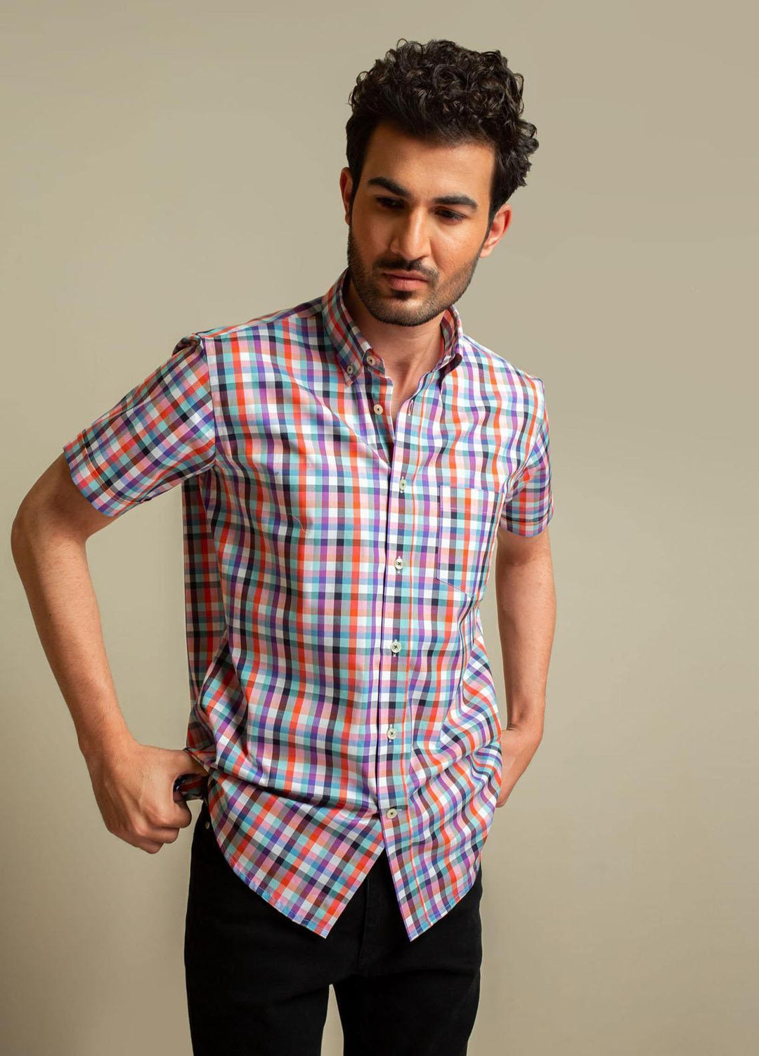 Brumano Cotton Casual Shirts for Mens - Red Multi Color Half Sleeve Shirt