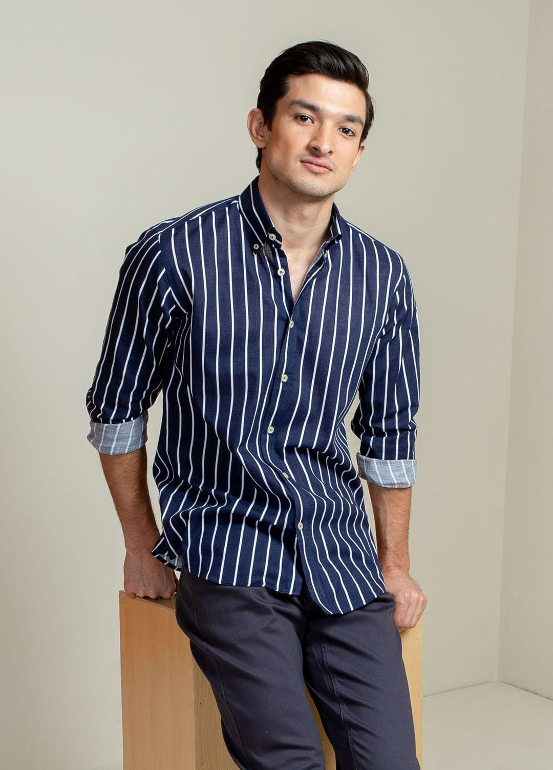Brumano Cotton Casual Mens Shirts - Navy Blue Striped Button Down Shirt