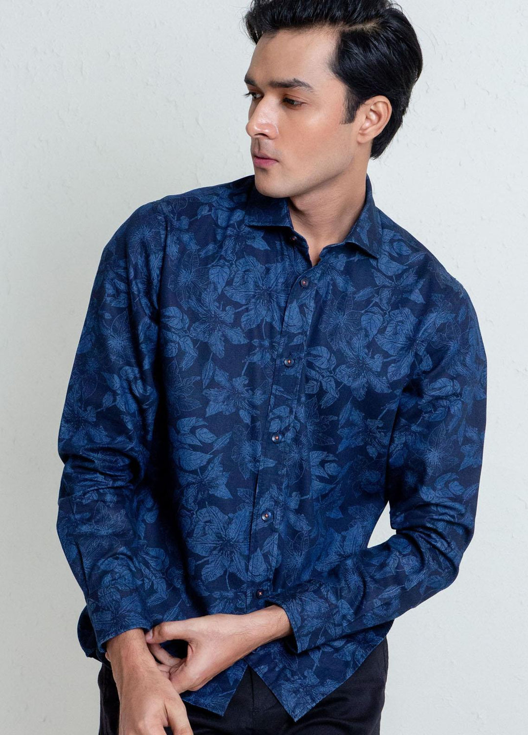 Brumano Cotton Casual Shirts for Mens - Navy Indigo Dyed Floral Printed Shirt