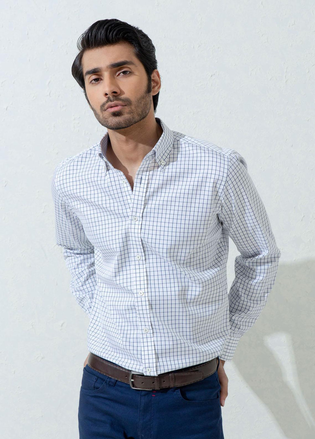Brumano Cotton Casual Shirts for Mens - White & Blue Gingham Formal Shirt BRM-1117
