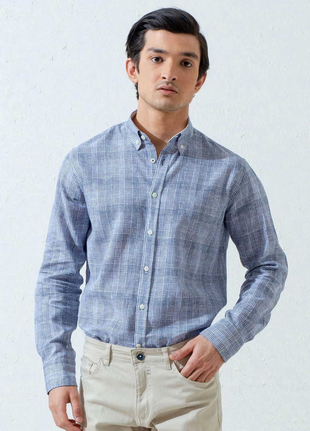 Brumano Cotton Casual Mens Shirts - Blue Linen Shepherd Check Shirt BRM-1279