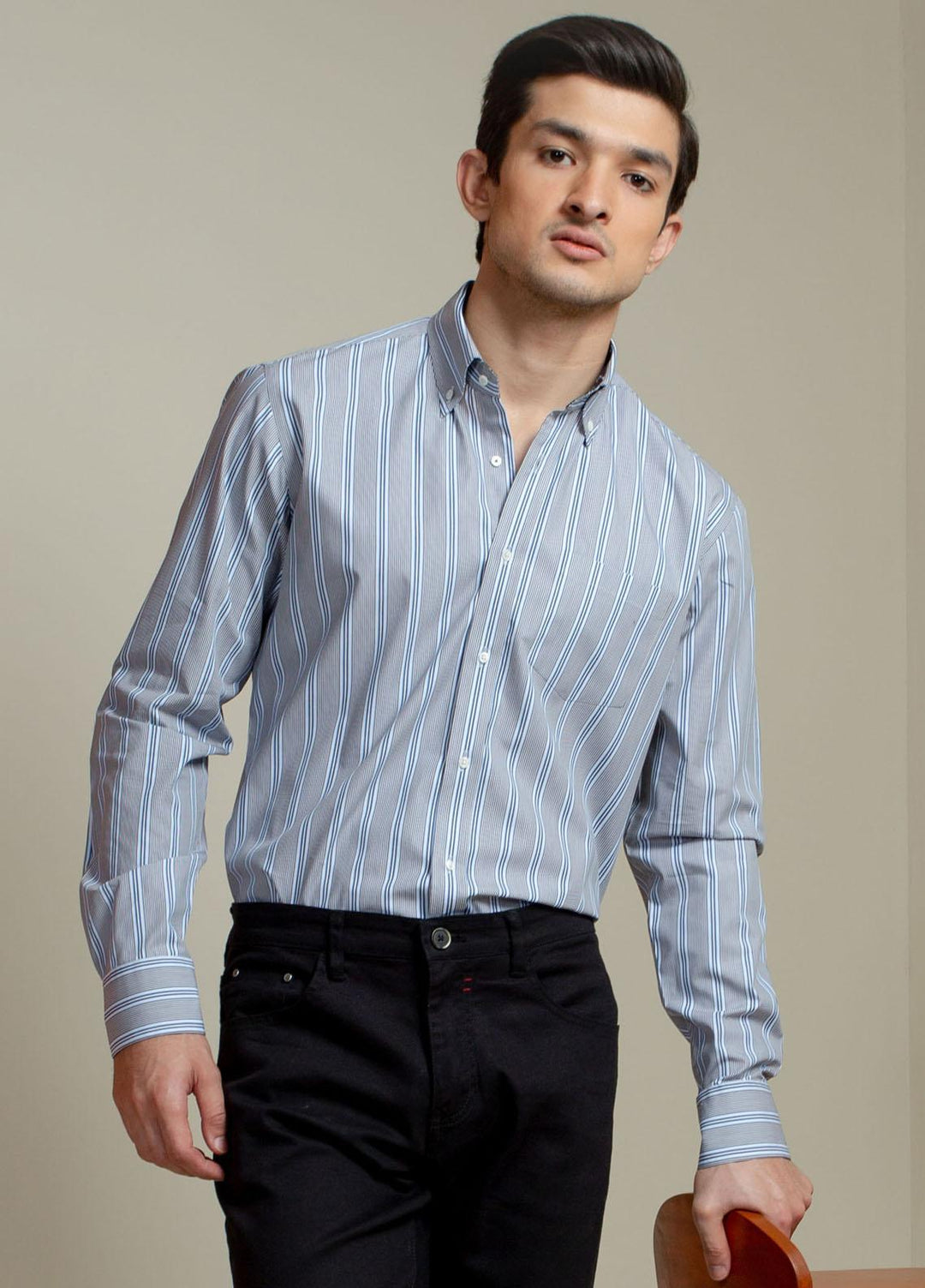 Brumano Cotton Casual Mens Shirts - Blue & Grey Striped Shirt BRM-1313