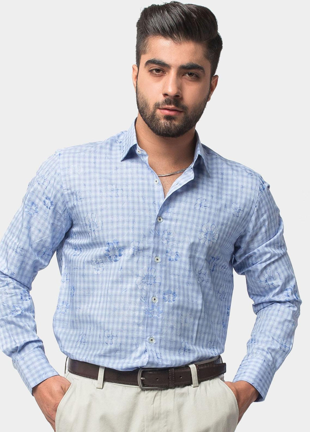 Brumano Cotton Casual Mens Shirts - Blue Floral Jacquard Print Shirt