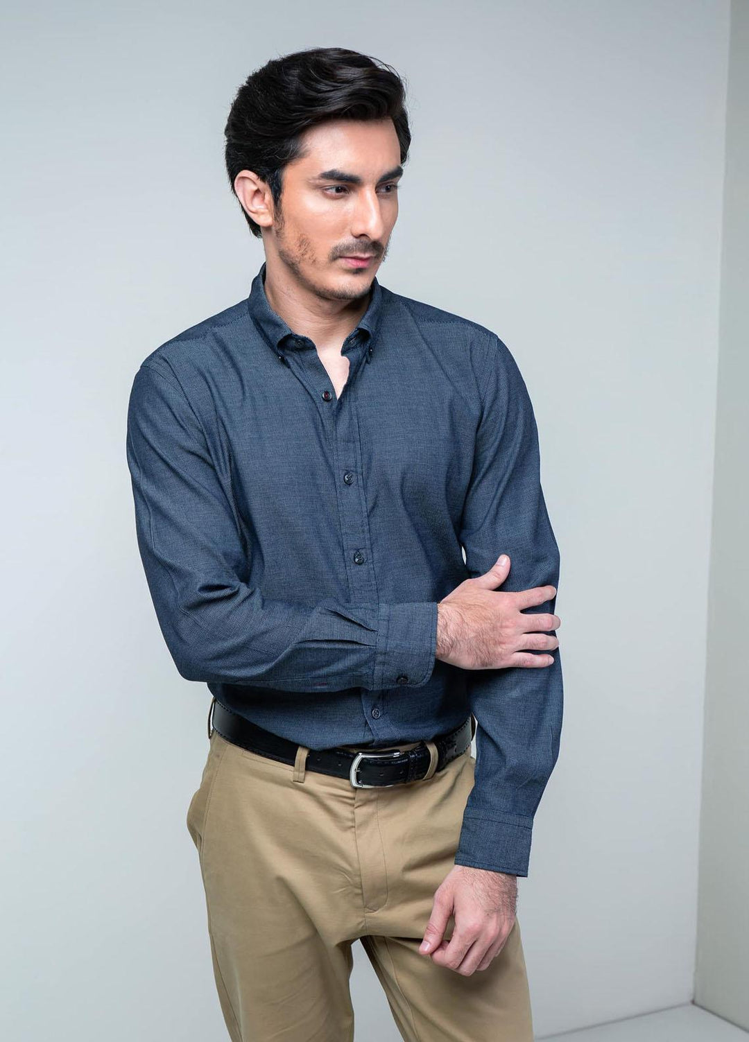 Brumano Cotton Casual Mens Shirts - Navy Indigo Dyed Dobby Shirt