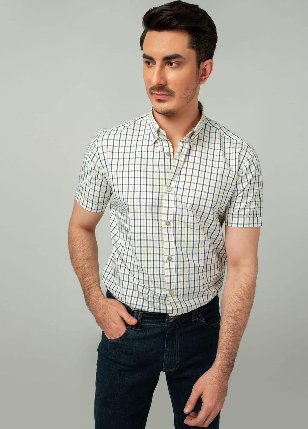 Brumano Cotton Casual Mens Shirts - Yellow Seer sucked Half Sleeve Shirt