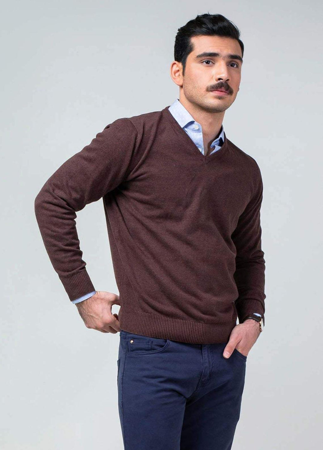 Brumano Cotton Casual Mens Sweaters -  Auburn Full Sleeve V-Neck Sweater