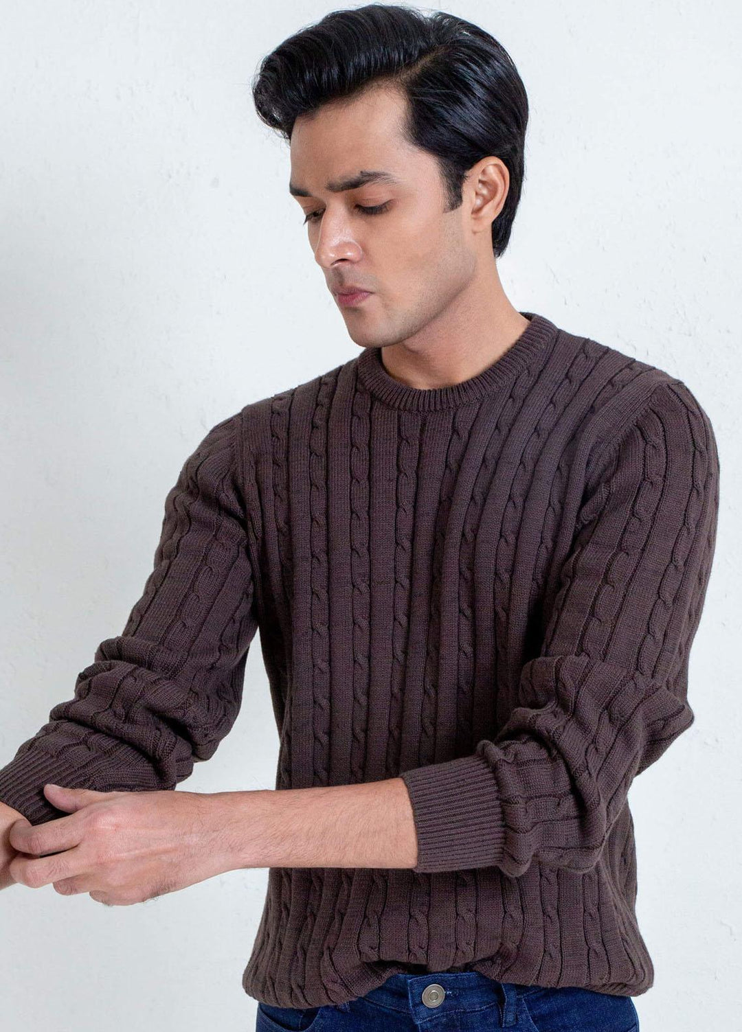 Brumano Cotton Casual Mens Sweaters -  Classic Brown Cable Knit Crew Neck Sweater
