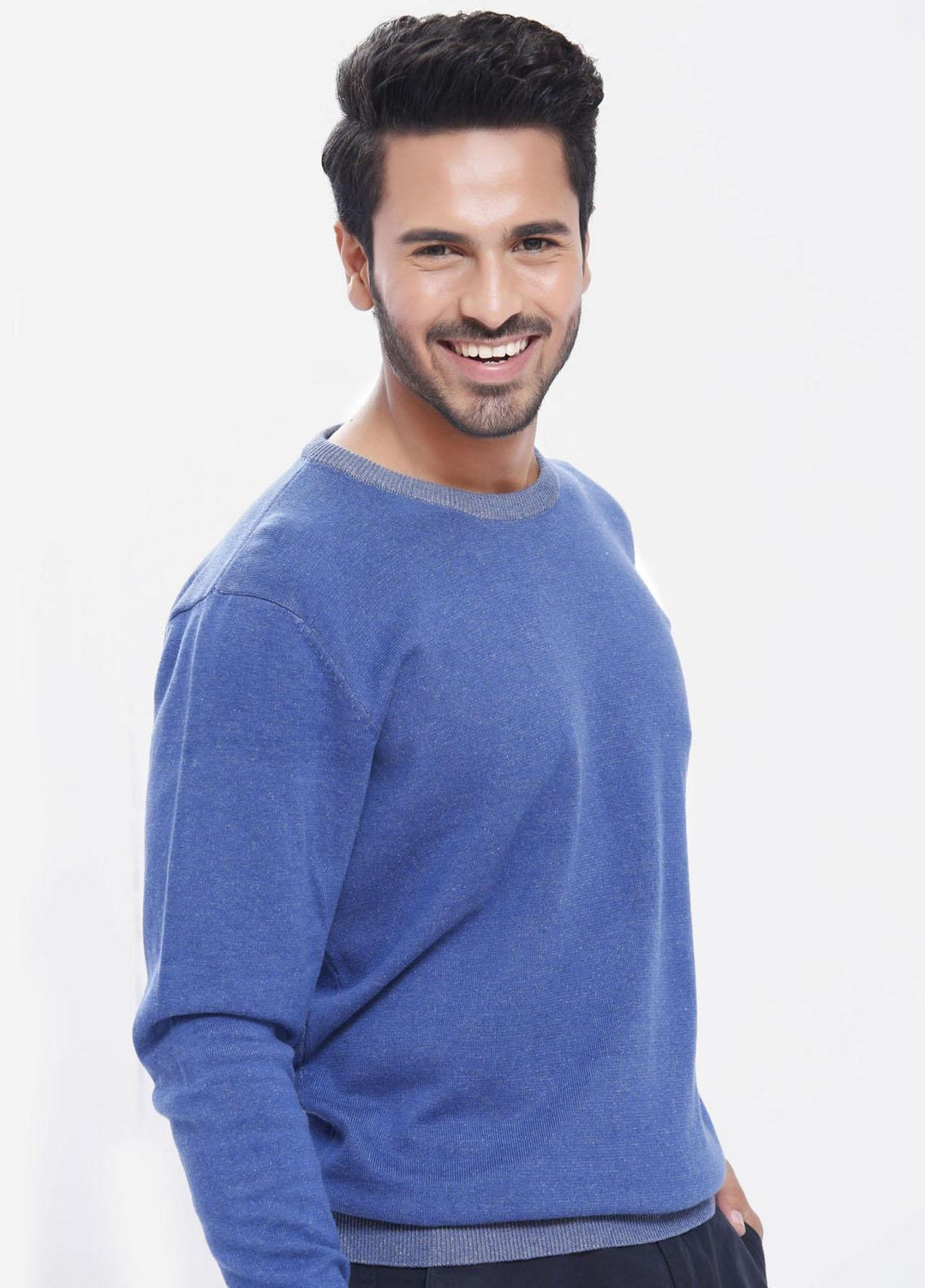 Brumano Cotton Casual Mens Sweaters -  Two-Tone Blue Crew Neck Sweater