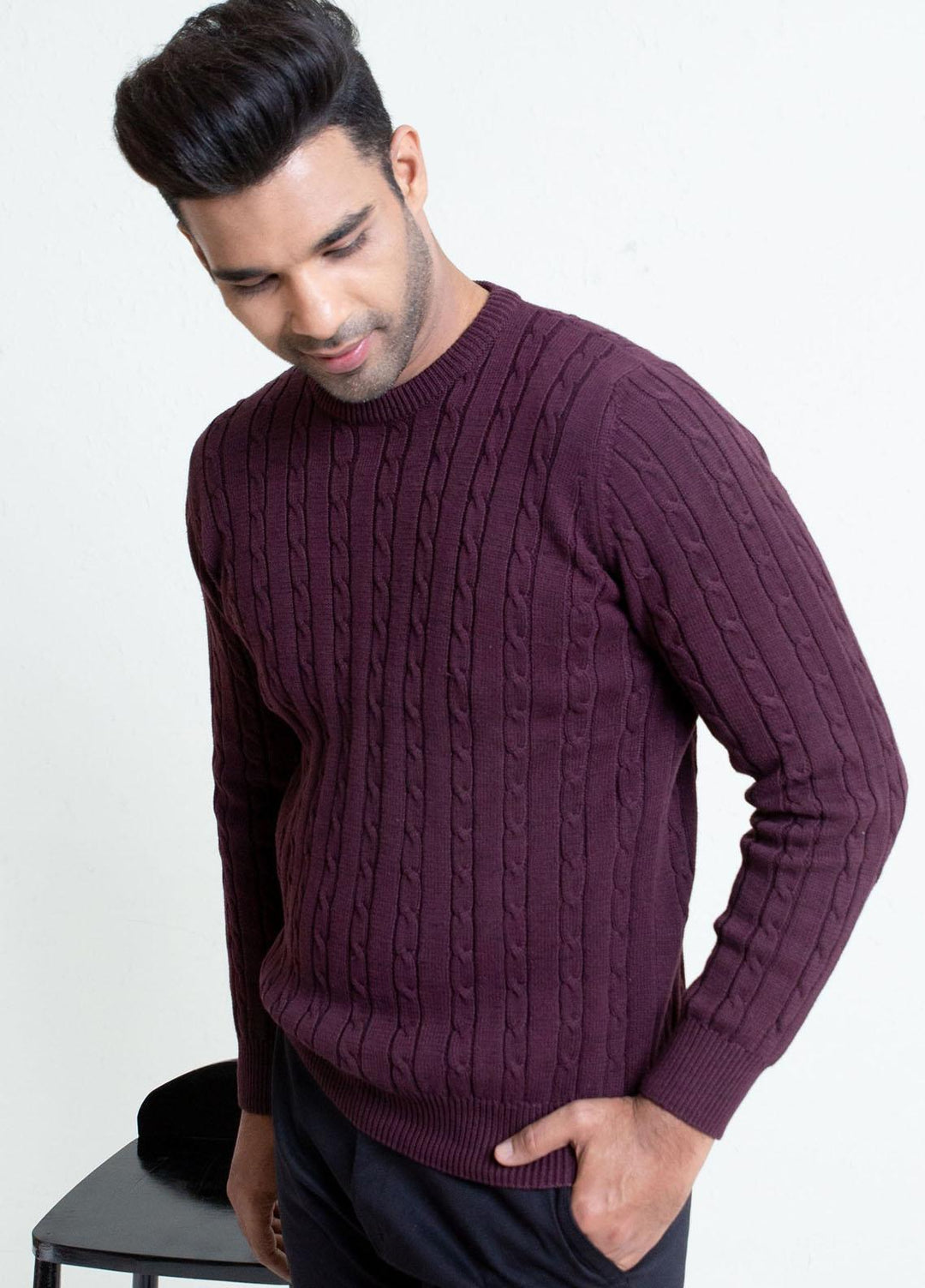Brumano Cotton Casual Sweaters for Mens -  Classic Burgundy Cable Knit Crew Neck Sweater