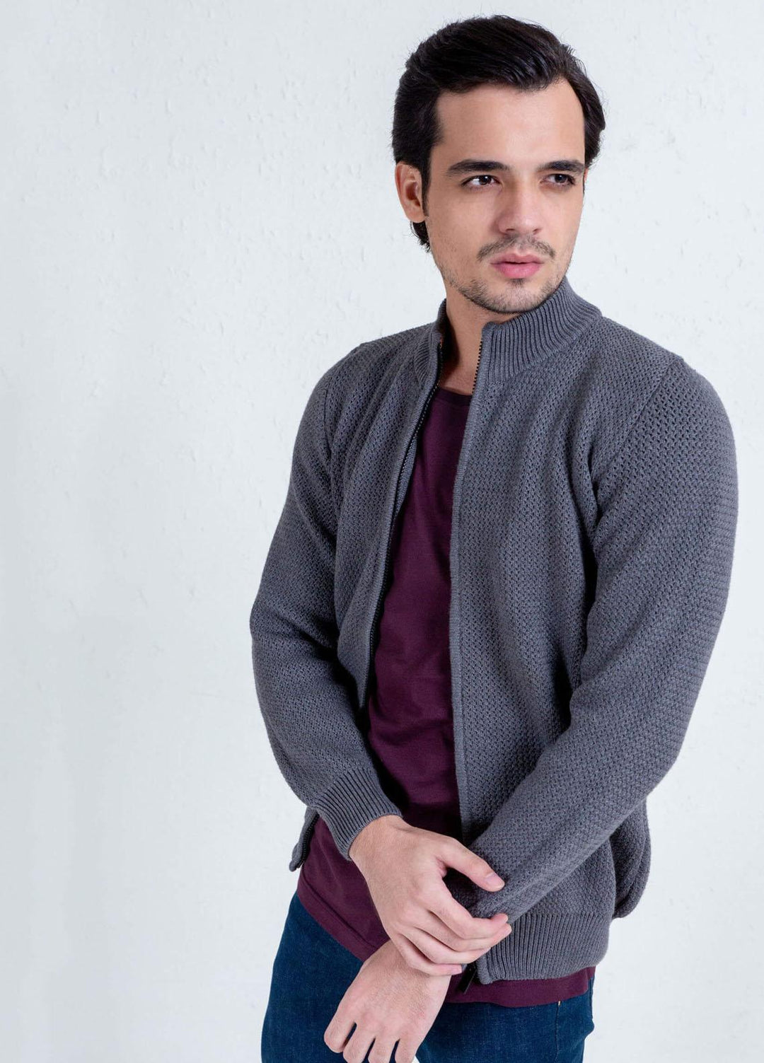 Brumano Cotton Casual Mens Sweaters -  Grey Knitted Chunky Textured Zipper