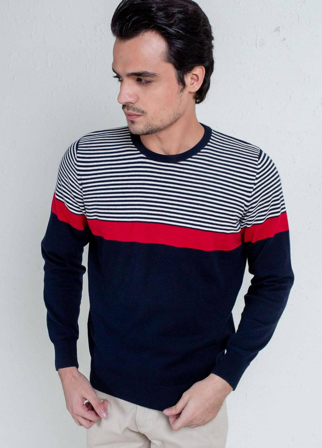 Brumano Cotton Casual Sweaters for Mens -  Red & Blue Contrasting Striped Sweater