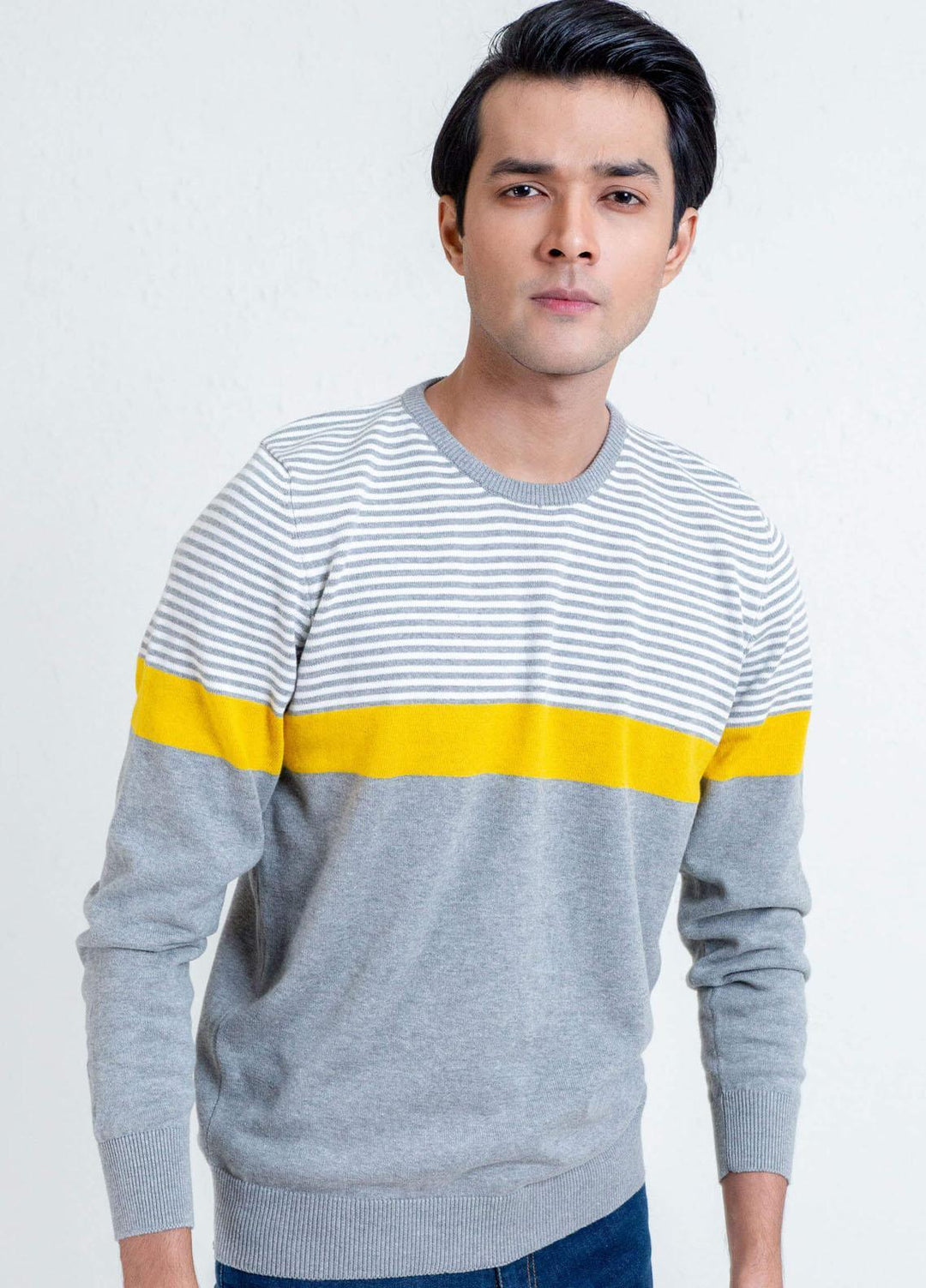 Brumano Cotton Casual Mens Sweaters -  Yellow & Grey Contrasting Striped Sweater