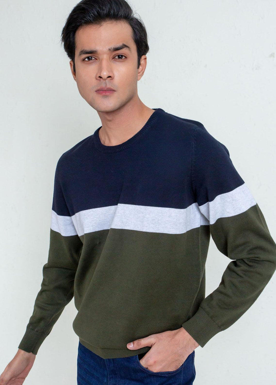 Brumano Cotton Casual Sweaters for Mens -  Olive & Navy Striped Crew Neck Sweater