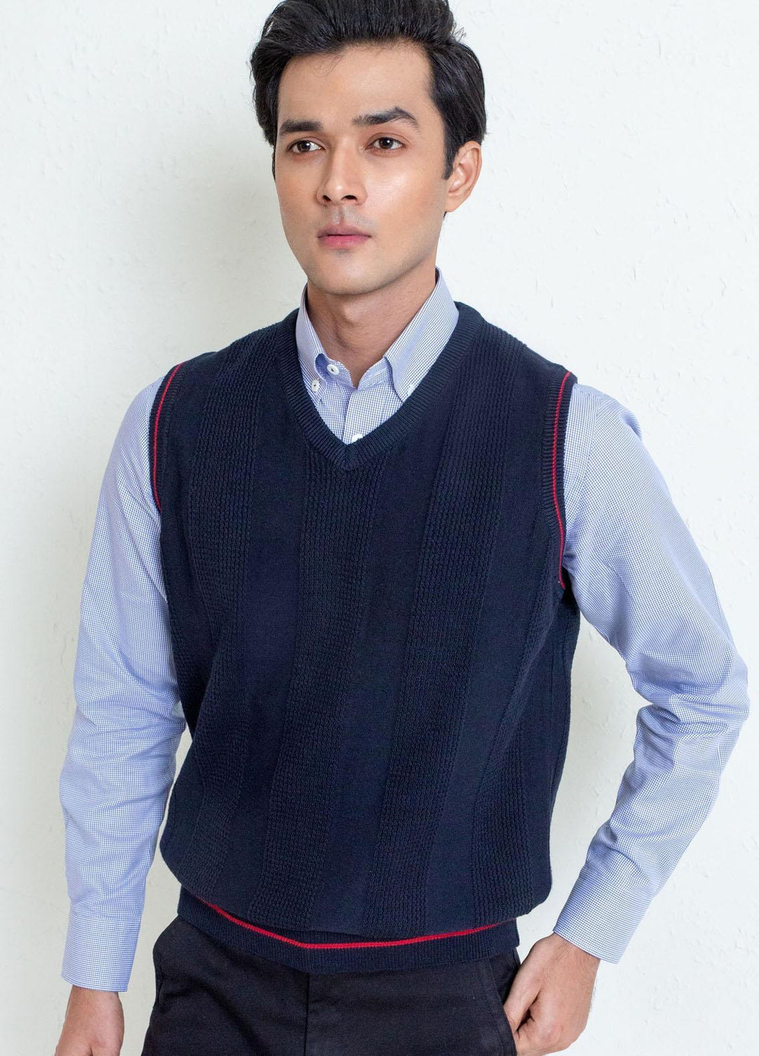 Brumano Cotton Casual Mens Sweaters -  Navy Blue Textured Sleeveless Sweater