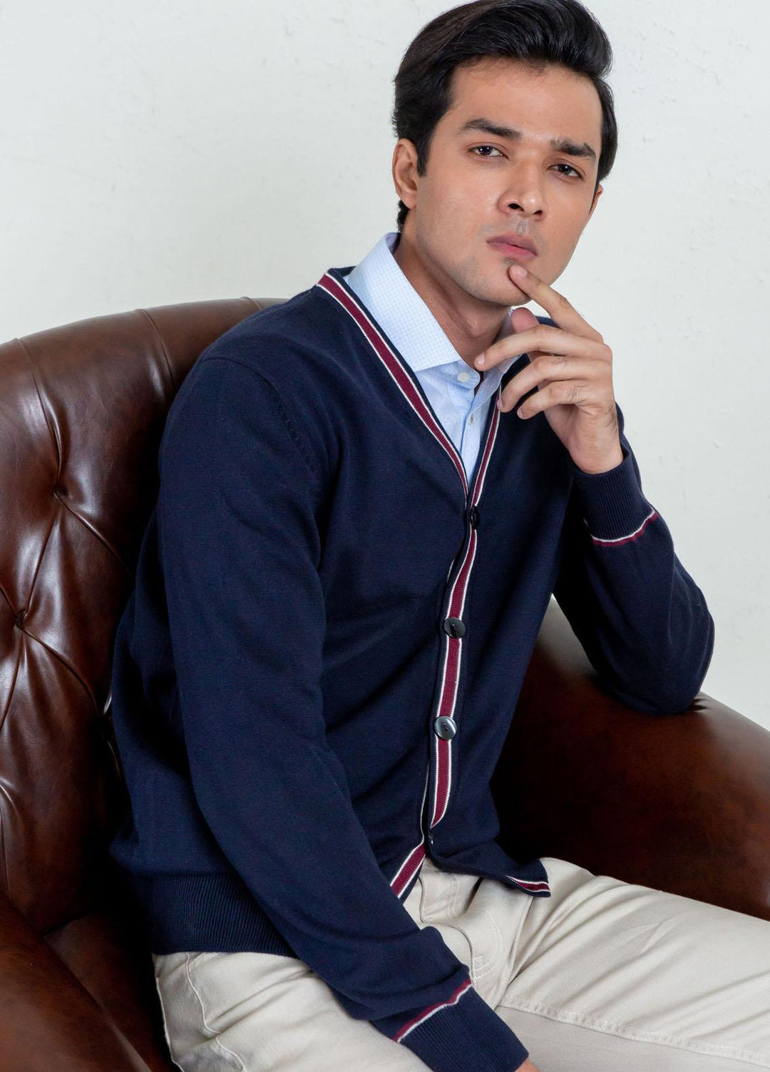 Brumano Cotton Casual Mens Sweaters -  Navy Blue V-Neck Cardigan With Detailing