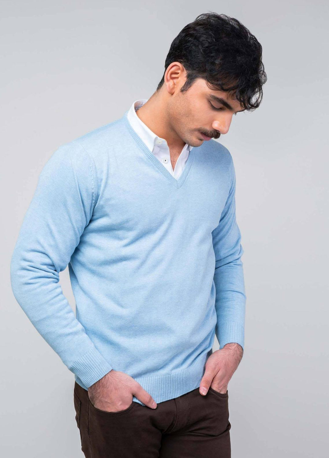 Brumano Cotton Casual Mens Sweaters -  Baby Blue Full Sleeve V-Neck Sweater