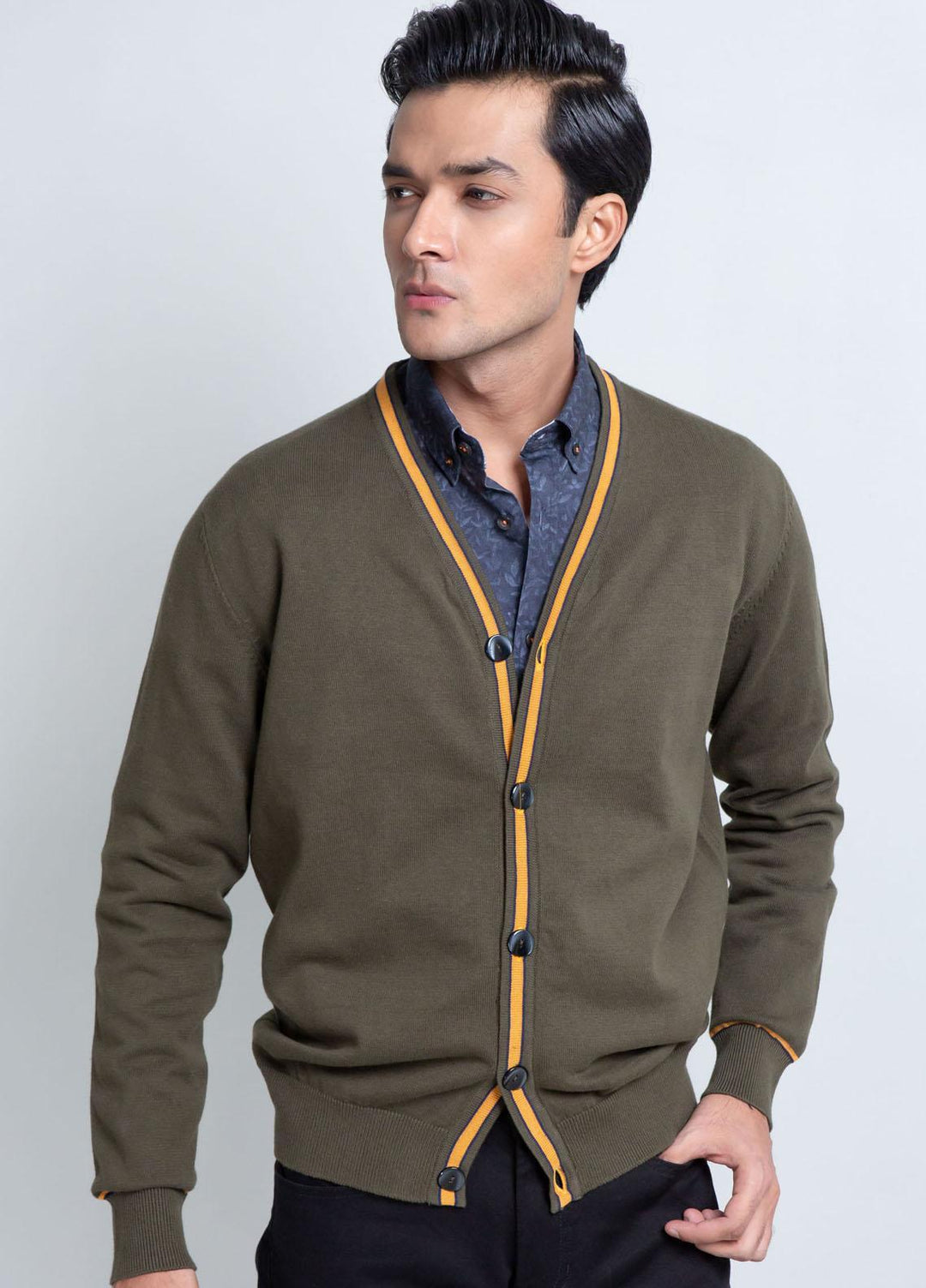 Brumano Cotton Casual Sweaters for Mens -  Olive Green V-Neck Cardigan With Detailing